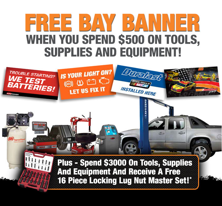 Free Bay Banner When You Spend $500 On Tools -PLUS- Spend $3000 On Tools And Receive A Free 16 Piece Locking Lug Nut Master Set. Offer Good Through January 17th, 2015